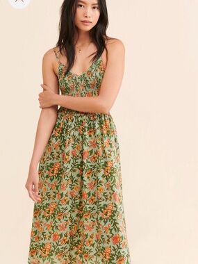 Floral Smocked Midi Dress in Green and Orange